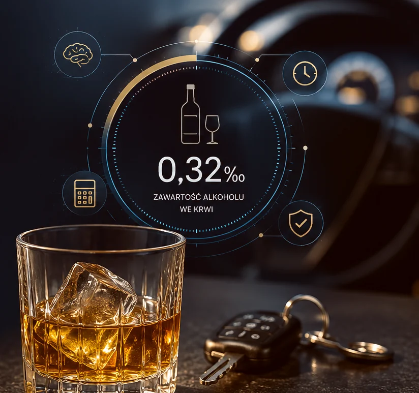Szklanka whisky z lodem i kluczyki samochodowe na stole, obok świecący wskaźnik z odczytem 0,32 ‰ zawartości alkoholu we krwi