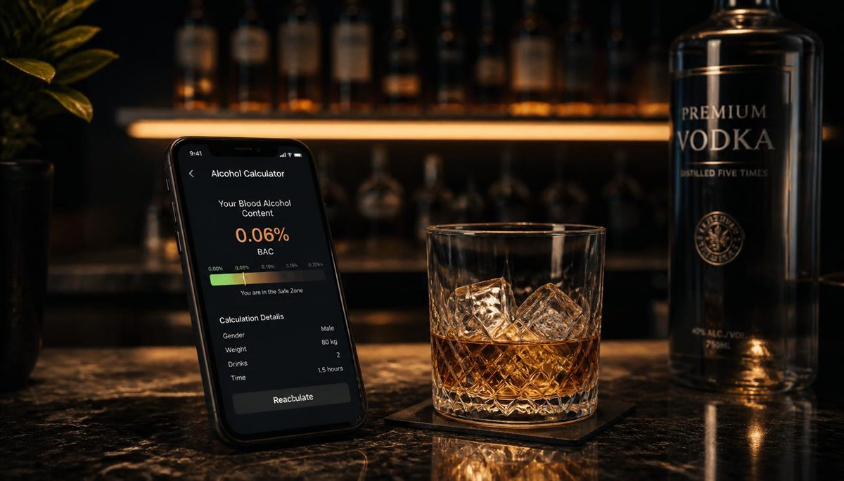 Telefon z kalkulatorem promili leżący na barze obok szklanki whisky z lodem i butelki wódki