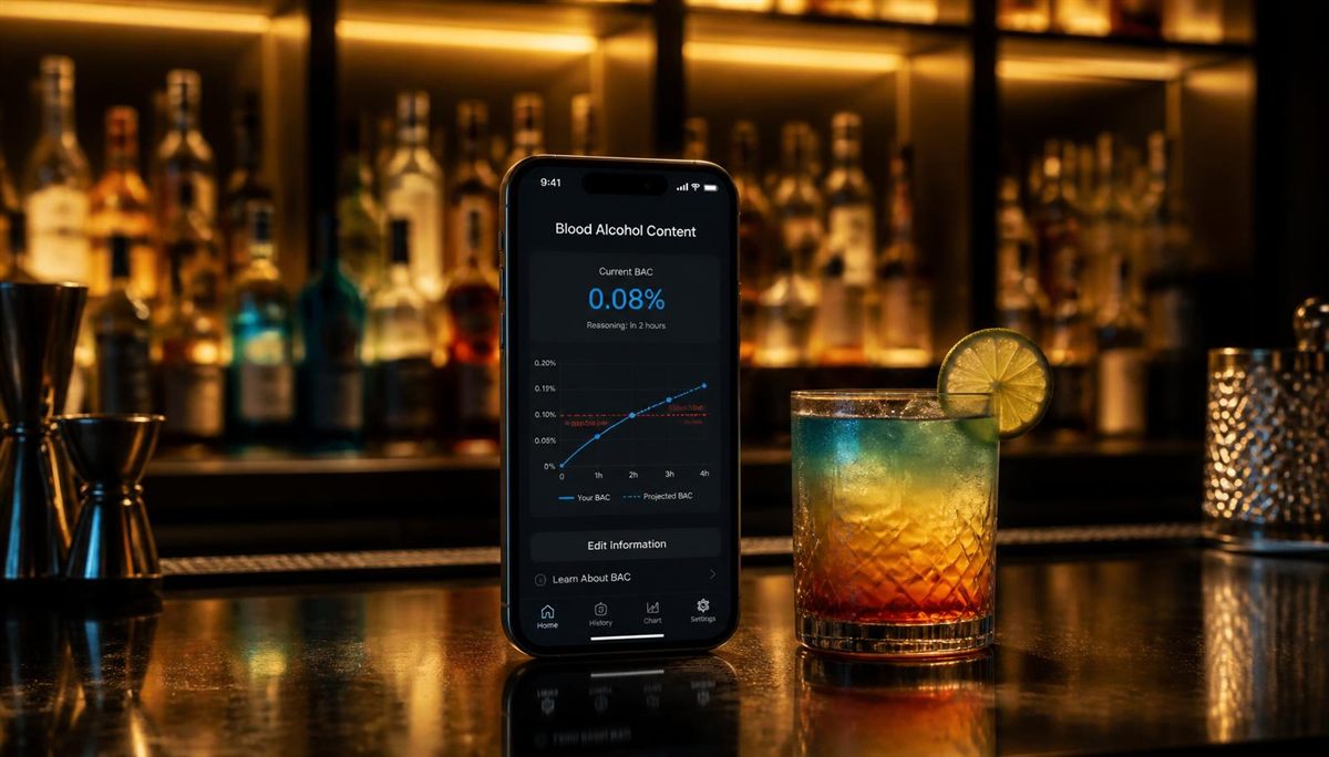 Telefon z wykresem spadku poziomu alkoholu we krwi w czasie, ustawiony na barze obok drinka